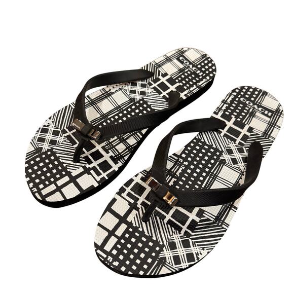 Coach Women’s Black White Thong Bow Flip Flops Sandals Geometric Design Sz. 9-10 - Picture 1 of 4